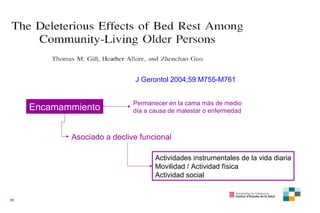 J Gerontol  2004;59:M755-M761 Encamammiento Permanecer en la cama más de medio día a causa de malestar o enfermedad Asociado a declive funcional Actividades instrumentales de la vida diaria Movilidad / Actividad física Actividad social 