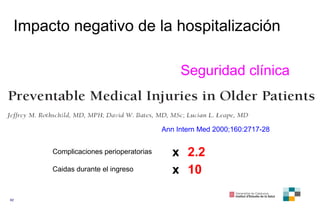 Seguridad clínica Ann Intern Med 2000;160:2717-28 Complicaciones perioperatorias x 2.2 Caidas durante el ingreso x 10 Impacto negativo de la hospitalización 