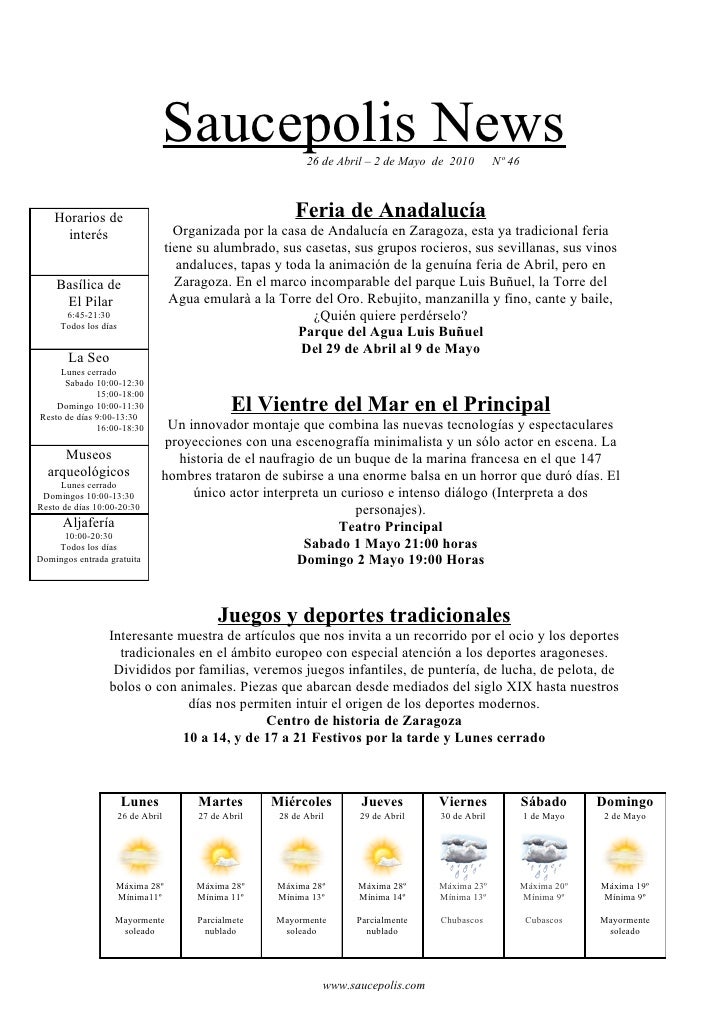 Saucepolis News           26 de Abril – 2 de Mayo de 2010        Nº 46



    Horarios de                                 ...