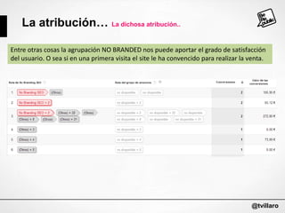 La atribución… La dichosa atribución..
Entre otras cosas la agrupación NO BRANDED nos puede aportar el grado de satisfacción
del usuario. O sea si en una primera visita el site le ha convencido para realizar la venta.

@tvillaro

 