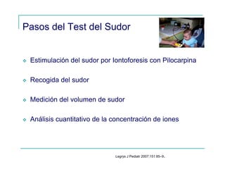 Pasos del Test del Sudor
Estimulación del sudor por Iontoforesis con Pilocarpina
Recogida del sudor
Medición del volumen de sudor
Análisis cuantitativo de la concentración de iones
Legrys J Pediatr 2007;151:85–9.
 