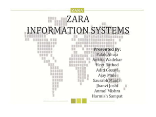 ZARA
INFORMATION SYSTEMS
Presented By:
Palak Ahuja
Ankita Wadekar
Heet Rathod
Aditi Gosavi
Ajay Mule
Saurabh Mantri
Jhanvi Joshi
Anmol Mishra
Harmish Sampat
 