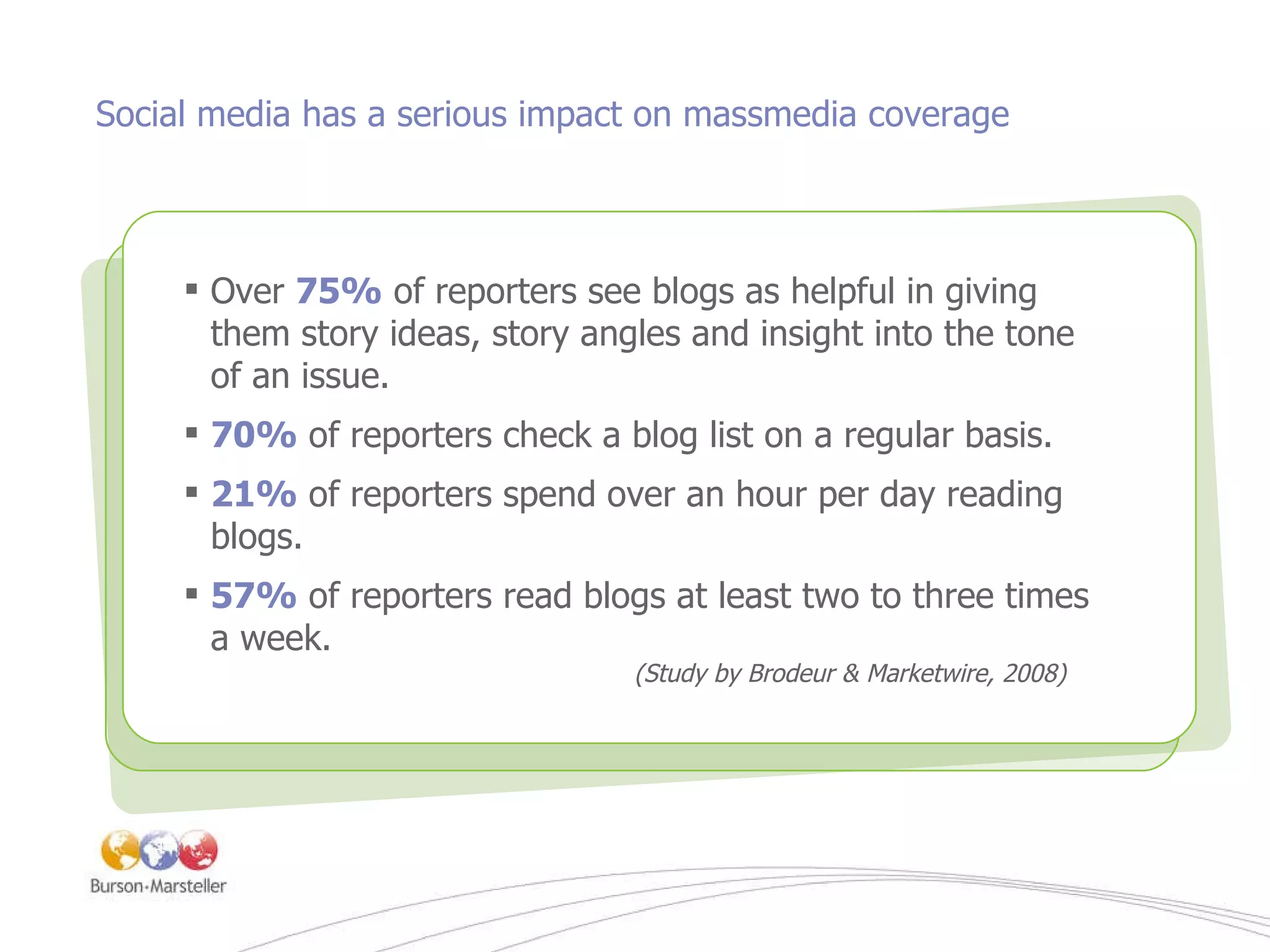 Social media has a serious impact on massmedia coverage “ The power is with the consumer. Consumers are beginning, in a very real sense, to own our brands and participate in their creation. We need to begin to learn to let it go…” -  A.G. Lafley, CEO, P&G Company Over  75%  of reporters see blogs as helpful in giving  them story ideas, story angles and insight into the tone of an issue. 70%  of reporters check a blog list on a regular basis. 21%  of reporters spend over an hour per day reading blogs. 57%  of reporters read blogs at least two to three times  a week. (Study by Brodeur & Marketwire, 2008) 