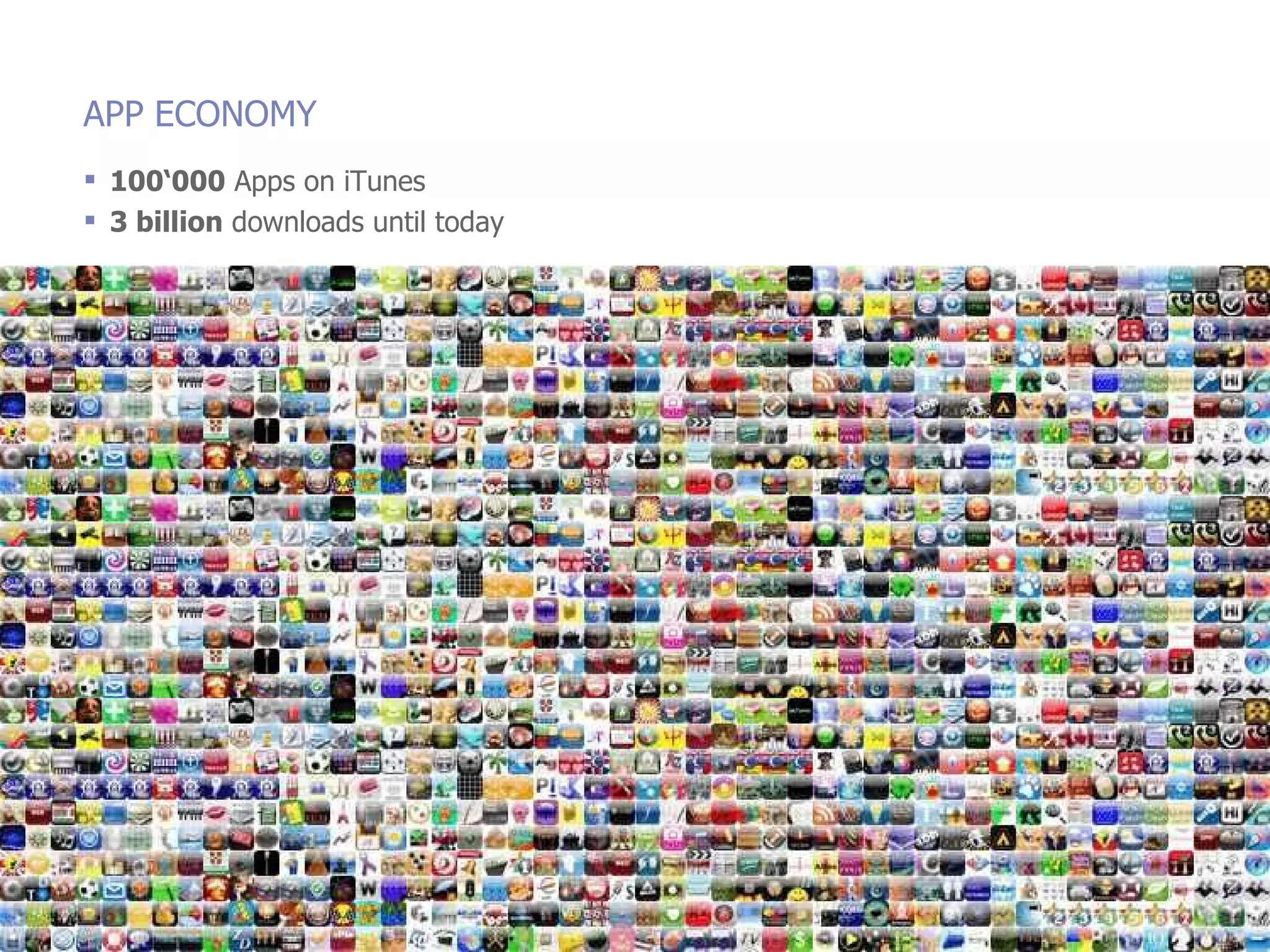 APP ECONOMY 100‘000  Apps on iTunes 3 billion  downloads until today 