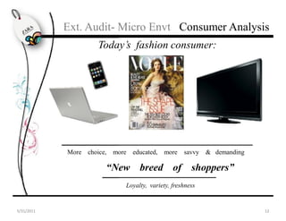 Ext. Audit- Micro Envt Consumer Analysis
                                    Today’s fashion consumer:




                       More choice,       more     educated, more        savvy    & demanding

                                       “New breed of shoppers”
                                                Loyalty, variety, freshness

The Zara BrandIndustry Analysis Product Development Consumer Analysis Market Analysis
 5/31/2011                                                                                      12
 