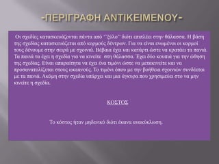 Οη ζρεδίεο θαηαζθεπάδνληαη πάληα από „‟μύιν‟‟ δηόηη επηπιέεη ζηελ ζάιαζζα. Ζ βάζε
ηεο ζρεδίαο θαηαζθεπάδεηαη από θνξκνύο δέληξσλ. Γηα λα είλαη ελσκέλνη νη θνξκνί
ηνπο δέλνπκε ζηελ ζεηξά κε ζρνηληά. Βέβαηα έρεη θαη θαηάξηη ώζηε λα θξαηάεη ηα παληά.
Σα παληά ηα έρεη ε ζρεδία γηα λα θηλείηε ζηε ζάιαζζα. Έρεη δύν θνππηά γηα ηελ ώζεζε
ηεο ζρεδίαο. Δίλαη απαξαίηεηα λα έρεη έλα ηηκόλη ώζηε λα κεηαθηλείηε θαη λα
πξνζαλαηνιίδεηαη ζηνπο σθεαλνύο. Σν ηηκόλη όπνπ κε ηελ βνήζεηα ζρνηληώλ ζπλδέεηαη
κε ηα παληά. Αθόκε ζηελ ζρεδία ππάξρεη θαη κηα άγθπξα πνπ ρξεζηκεύεη ζην λα κελ
θηλείηε ε ζρεδία.
ΚΟ΢ΣΟ΢
Σν θόζηνο ήηαλ κεδεληθό δηόηη έθαλα αλαθύθισζε.
 