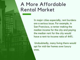 A More Affordable
Rental Market
In major cities especially, rent burdens
are a serious issue. For example, in
San Francisc...