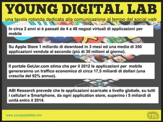 In circa 2 anni si è passati da 4 a 48 negozi virtuali di applicazioni per mobile Su Apple Store 1 miliardo di download in 3 mesi ed una media di 350 applicazioni vendute al secondo (più di 30 milioni al giorno). ABI Research prevede che le applicazioni scaricate a livello globale, su tutti i cellulari e Smartphone, da ogni application store, superino i 5 miliardi di unità entro il 2014. Il portale GetJar.com stima che per il 2012 le applicazioni per  mobile genereranno un traffico economico di circa 17,5 miliardi di dollari (una crescita del 92% annuo). 