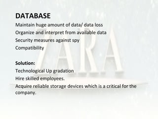  DATABASE 
• Maintain huge amount of data/ data loss 
• Organize and interpret from available data 
• Security measures against spy 
• Compatibility 
 Solution: 
• Technological Up gradation 
• Hire skilled employees. 
• Acquire reliable storage devices which is a critical for the 
company. 
 