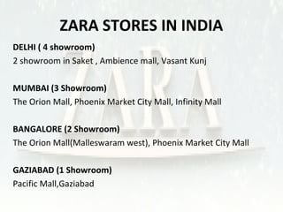 ZARA STORES IN INDIA 
•DELHI ( 4 showroom) 
2 showroom in Saket , Ambience mall, Vasant Kunj 
•MUMBAI (3 Showroom) 
The Orion Mall, Phoenix Market City Mall, Infinity Mall 
•BANGALORE (2 Showroom) 
The Orion Mall(Malleswaram west), Phoenix Market City Mall 
•GAZIABAD (1 Showroom) 
Pacific Mall,Gaziabad 
 