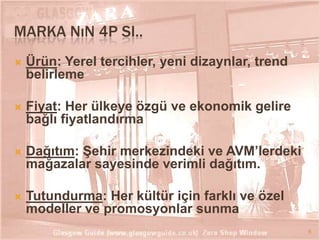 MARKA NıN 4P SI..


Ürün: Yerel tercihler, yeni dizaynlar, trend
belirleme



Fiyat: Her ülkeye özgü ve ekonomik gelire
bağlı fiyatlandırma



Dağıtım: ġehir merkezindeki ve AVM’lerdeki
mağazalar sayesinde verimli dağıtım.



Tutundurma: Her kültür için farklı ve özel
modeller ve promosyonlar sunma
6

 