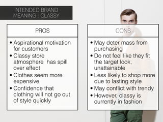 INTENDED BRAND
 MEANING : CLASSY

           PROS                        CONS

• Aspirational motivation    • May deter mass from
  for customers                purchasing
• Classy store               • Do not feel like they ﬁt
  atmosphere has spill         the target look,
  over effect                  unattainable
• Clothes seem more          • Less likely to shop more
  expensive                    due to lasting style
• Conﬁdence that             • May conﬂict with trendy
  clothing will not go out   • However, classy is
  of style quickly             currently in fashion
 