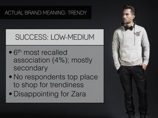ACTUAL BRAND MEANING: TRENDY



   SUCCESS: LOW-MEDIUM

 • 6th most recalled
   association (4%); mostly
   secondary
 • No respondents top place
   to shop for trendiness
 • Disappointing for Zara
 