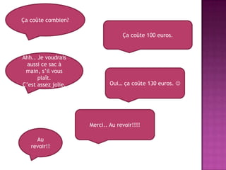 Ça coûte combien?Ça coûte 100 euros.Ahh.. Je voudrais aussi ce sac à main, s’il vousplaît.C’est assez jolie.Oui… ça coûte 130 euros. Merci.. Au revoir!!!!Au revoir!!
