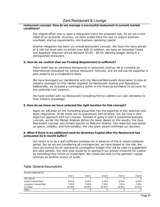Zara Restaurant & Lounge
restaurant concept. How do we manage a successful restaurant in current market
conditions?

         Our original effort was to open a restaurant twice the proposed size. As we are in the
         midst of an economic rec overy, we have sc aled bac k the size to reduce business
         overhead, startup requirements, and business operating capital.

         Another mitigation has been our overall Restaurant concept. We have the menu priced
         at a mid-tier level with no entrée over $20. In addition, we have an extended Tapas
         and Appetizer selec tion priced between $3.50 - $9.50, allowing budget dining in a
         distinguished restaurant.

4. How do we confirm that our Funding Requirement is sufficient?

         Peter Smith has an extensive bac kground in restaurant startup. He is currently an
         International Consultant for various restaurant ventures, and we will use his expertise in
         past projec ts as a comparative basis.

         We have leveraged our membership with the National Restaurant Association to look at
         industry averages for this market segment for Restaurant startup and Operations.
         Additionally, we included a contingency buffer in the financial estimates to ac count for
         any potential cost variance.

         We have worked with our Restaurant Consulting firm to validate our cost estimates to
         their industry knowledge.

5. How do we know we have selected the right location for this concept?

         Again we will draw on the Consulting group that has the expertise in site selec tion and
         lease negotiation. In all, there are no guarantees with loc ation, but we took a very
         objec tive approach with our concept. Instead of going in with a predefined business
         concept, we let the Market Analysis define the need. Based on the results, the Zara
         Restaurant concept was formed specific to Midtown Atlanta. Site selec tion was based
         on space, visibility, and functionality; the city grant award confirmed our dec ision.

6. What if there is an additional need for Business Capital after the Restaurant has
exhausted its 6-month buffer?

         Our intent is to be a self-sufficient business far in advance of the 6-month probation
         period. But as we are considering all contingencies, we have looked at this risk. We
         have ac counted for an operational contingency budget that will be used to supplement
         any slow periods. Our next step would be to approach our private investors for capital
         by extending their return on investment. We would also look to the partners' capital
         reserves as another source of funds.


Table: General Assumptions
General Assumptions
                                    Year 1        Year 2       Year 3       Year 4       Year 5
Plan Month                               1             2            3            4            5
Current Interest Rate               6.00%         6.00%        6.00%        6.00%        6.00%
Long-term Interest Rate             7.00%         7.00%        7.00%        7.00%        7.00%
Tax Rate                           30.00%        30.00%       30.00%       30.00%       30.00%
Other                                    0             0            0            0            0


                                                                                              Page 34
 