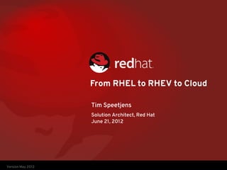 From RHEL to RHEV to Cloud

                   Tim Speetjens
                   Solution Architect, Red Hat
                   June 21, 2012




Version May 2012
 