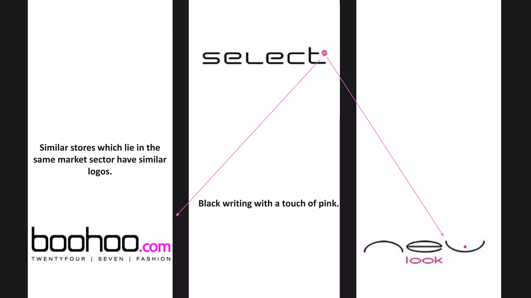 Black writing with a touch of pink.
Similar stores which lie in the
same market sector have similar
logos.
 