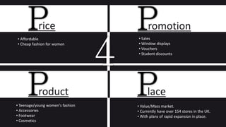 rice
• Affordable
• Cheap fashion for women
romotion
• Sales
• Window displays
• Vouchers
• Student discounts
roduct
• Teenage/young women's fashion
• Accessories
• Footwear
• Cosmetics
lace
• Value/Mass market.
• Currently have over 154 stores in the UK.
• With plans of rapid expansion in place.
 