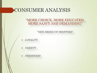 CONSUMER ANALYSIS
“MORE CHOICE, MORE EDUCATED,
MORE SAAVY AND DEMANDING”
“NEW BREED OF SHOPPERS”
 LOYALITY
 VARIETY
 FRESHNESS
 