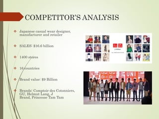 COMPETITOR’S ANALYSIS
 Japanese casual wear designer,
manufacturer and retailer
 SALES: $16.6 billion
 1400 stores
 16 countries
 Brand value: $9 Billion
 Brands: Comptoir des Cotonniers,
GU, Helmut Lang, J
Brand, Princesse Tam Tam
 