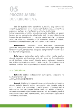 05
                                              Zarautz » 2013 Aurrekontuak, Proposamena
                                                                 MunduMira Komunikazioa




PROZESUAREN
DESKRIBAPENA
	      Arlo eta auzoak. Eremu bakoitzeko aurrekontu proposamenean
oinarrituta, egitasmoen zerrenda ere osatu beharko da. Aurrekontuen
prozesuan aurkeztu eta herritarrekin partekatu ahal izateko.
Batzarren prestaketa. Edukiez gain, batzarretako deialdiak ere gogoz
lantzea izango arrakastarako oinarrietako bat. Honela, ezinbestekoa
izango da arlo bakoitzeko lan taldeek eremu horretako pertsonen
zerrendak osatu eta gonbidapenak ilusioarekin banatzea. Finean,
komunikazio bitartekorik eraginkorrena ahoz-ahokoa baita.

	     Komunikazioa. Aurrekontu parte hartzaieen egitasmoan
garrantzia ikaragarria hartzen du komunikazio arloan egin dezakegun
lanak. Horregatik, ezinbestekoa izango da plangintza komunikatibo oso
bat diseinatu eta garatzea.

	     Datu basea: batzarretan parte hartzen duten herritar guztien
datuak jasotzeko planteamendu bat egin behar da (izen abizenak,
email, telefono, adina, sexua). Honela, parte hartzearen inguruko
balorazio egiteko elementu objetiboak bilduko dira. Eta gainera aurrera
begirako lanetan, zuzeneko harremanak landu ditzakegu udaletik.



5.3- GARAPENA.

	     Batzarrak: 2012ko kudeaketaren aurkezpena. (aldizkaria ta
bestelako formatuak)
ARLO-AUZOETAKO BATZARRAK.

	     Buzoiak: Bitarteko honek eduki dezaken potentzialitatea baliatze
aldera, lanketa berezia egitea proposatzen da. Honela, aukera
moduan, etxez etxe banatutako galdetegia auzo bakoitzean jarriko
den buzoian jasotzeko saiakerari lotuko gatzaizkio. Aipatu galdetegia,
auzoetako batzarrak egin ostean banatuko da. Batzarretan jarritako
norabidean sakontzeko helburuarekin, auzo bakoitzera egokitutako
edukia bilduko duelarik.




                                                                                    8
 