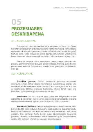 Zarautz » 2013 Aurrekontuak, Proposamena
                                                                 MunduMira Komunikazioa




05
PROZESUAREN
DESKRIBAPENA
5.1- ANTOLAKUNTZA.

	      Prozesuaren dinamizaziorako talde eragilea osatuko da. Gune
honetan; prozesuaren arduraduna, parte hartze teknikaria, komunikazio
arduradunak eta udal gobernuko ordezkariek (alkatea eta bi zinegotzi)
hartuko dute. Talde eragileak astero egingo ditu bilerak. Ordubeteko
bilera hauetan, prozesuaren dinamizazioa eta jarraipena egingo dira.

	     Zinegotzi taldeak ohiko laneratako duen gunea bailatuko du
prozesu parte hartzaileari buruzko gaiak lantzeko. Honela, gune honek
prozesuaren edukiak fintzerakoan izando duen garrantzia azpimarratu
nahi da.

5.2- AURRELANAK.

	     Erabakiak gauzatu. 2012ko prozesuan jasotako ekarpenei
erantzuna eman behar diegu. Horretarako, ezinbestekoa izango da
aurrekontuetako esakeren zerrenda hartu eta zer egin duen eta zer
ez begiratzea. 2013ko prozesua hasterako, etxeko lanak egin eta
hartutako kompromiso guztiak bete behar dira.

	     Norabidea. 2012an, auzoak eta batez ere hirigintzako obrak
garrantzia berezia izan zuten. Lehen esperientzia hori zabaldu eta arlo
desberdinetako bilerak egitea proposatzen da 2013 prozesuan.

	     Aurrekontu zirriborroa. Zein aurreikuspen ekonomiko dauden jakin
behar da. Eta egiten dugun hasunarketaren arabera, departamendu
bakoitzarentzarentzat diru kontuak zehaztu eta aurrekontu zirriborroa
osatzen. Oso kontutan hartu behar dugu oposizioarekin begirunez
jokatzea. Honela, batzordeetan beste alderdiei gure proposamena
azaldu eta beraien ekarpenak jasotzen saiatuko gara.



                                                                                   7
 