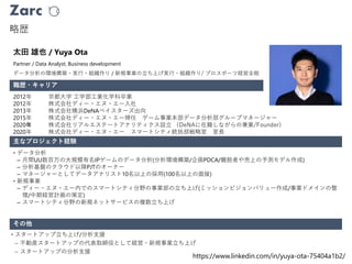 Zarc
略歴
職歴・キャリア
主なプロジェクト経験
その他
2012年 京都大学 工学部工業化学科卒業
2012年 株式会社ディー・エヌ・エー入社
2013年 株式会社横浜DeNAベイスターズ出向
2015年 株式会社ディー・エヌ・エー帰任 ゲーム事業本部データ分析部グループマネージャー
2020年 株式会社リアルエステートアナリティクス設立 （DeNAに在籍しながらの兼業/Founder)
2020年 株式会社ディー・エヌ・エー スマートシティ統括部戦略室 室長
Partner / Data Analyst, Business development
データ分析の環境構築・実行・組織作り / 新規事業の立ち上げ実行・組織作り/ プロスポーツ経営全般
• データ分析
– 月間UU数百万の大規模有名IPゲームのデータ分析(分析環境構築/企画PDCA/離脱者や売上の予測モデル作成)
– 分析基盤のクラウド以降PJTのオーナー
– マネージャーとしてデータアナリスト10名以上の採用(100名以上の面接)
• 新規事業
– ディー・エヌ・エー内でのスマートシティ分野の事業部の立ち上げ(ミッションビジョンバリュー作成/事業ドメインの整
理/中期経営計画の策定)
– スマートシティ分野の新規ネットサービスの複数立ち上げ
https://www.linkedin.com/in/yuya-ota-75404a1b2/
• スタートアップ立ち上げ/分析支援
– 不動産スタートアップの代表取締役として経営・新規事業立ち上げ
– スタートアップの分析支援
太田 雄也 / Yuya Ota
 