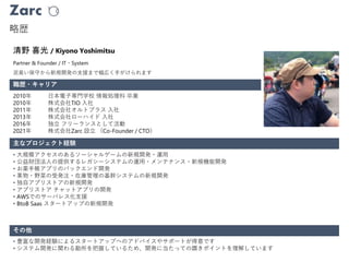 Zarc
略歴
職歴・キャリア
清野 喜光 / Kiyono Yoshimitsu
2010年 日本電子専門学校 情報処理科 卒業
2010年 株式会社TIO 入社
2011年 株式会社オルトプラス 入社
2013年 株式会社ローハイド 入社
2016年 独立 フリーランスとして活動
2021年 株式会社Zarc 設立 （Co-Founder / CTO）
その他
主なプロジェクト経験
• 大規模アクセスのあるソーシャルゲームの新規開発・運用
• 公益財団法人の提供するレガシーシステムの運用・メンテナンス・新規機能開発
• お薬手帳アプリのバックエンド開発
• 果物・野菜の受発注・在庫管理の基幹システムの新規開発
• 独自アプリストアの新規開発
• アプリストア チャットアプリの開発
• AWSでのサーバレス化支援
• BtoB Saas スタートアップの新規開発
• 豊富な開発経験によるスタートアップへのアドバイスやサポートが得意です
• システム開発に関わる勘所を把握しているため、開発に当たっての躓きポイントを理解しています
泥臭い保守から新規開発の支援まで幅広く手がけられます
Partner & Founder / IT・System
 