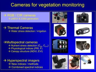Cameras for vegetation monitoring
 RGB / CIR cameras
 pNDVI & DSM generation

 Thermal Cameras
 Water stress detection / irrigation

Multispectral cameras
 Nutrient stress detection (Cab, Cx+c)
 Physiological indices (PRI, F)
 Canopy structure (NDVI, EVI)

 Hyperspectral imagers
 New indices / methods
 Combined spectral indices

 