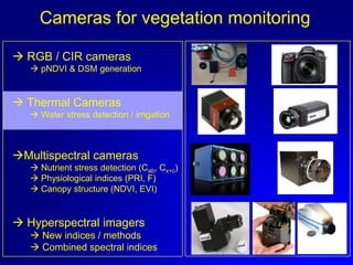 Cameras for vegetation monitoring
 RGB / CIR cameras
 pNDVI & DSM generation

 Thermal Cameras
 Water stress detection / irrigation

Multispectral cameras
 Nutrient stress detection (Cab, Cx+c)
 Physiological indices (PRI, F)
 Canopy structure (NDVI, EVI)

 Hyperspectral imagers
 New indices / methods
 Combined spectral indices

 