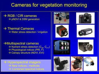 Cameras for vegetation monitoring
 RGB / CIR cameras
 pNDVI & DSM generation

 Thermal Cameras
 Water stress detection / irrigation

Multispectral cameras
 Nutrient stress detection (Cab, Cx+c)
 Physiological indices (PRI, F)
 Canopy structure (NDVI, EVI)

 Hyperspectral imagers
 New indices / methods
 Combined spectral indices

 
