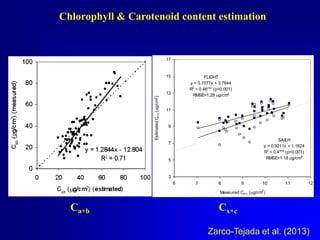 Chlorophyll & Carotenoid content estimation

17

15

FLIGHT
y = 0.7077x + 3.7644
R2 = 0.46*** (p<0.001)
RMSE=1.28 g/cm2

Estimated C ( g/cm2)
x+c

13

11

9
SAILH
y = 0.9211x + 1.1824
R2 = 0.4*** (p<0.001)
RMSE=1.18 g/cm2

7

5

3
6

7

8

9

10

11

12

Measured Cx+c ( g/cm2)

Ca+b

Cx+c
Zarco-Tejada et al. (2013)

 