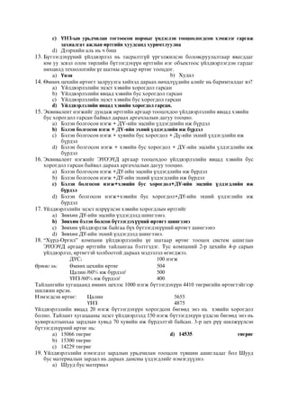 c) ҮНЗ-ын урьдчилан тогтоосон нормыг үндэслэн тооцоологдсон хэмжээг гаргаж
захиалгат ажлын өртгийн хуудсанд хуримтлуулна
d) Дээрхийн аль нь ч биш
13. Бүтээгдэхүүний үйлдвэрлэл нь тасралтгүй үргэлжилсэн боловсруулалтаар явагддаг
юм уу эсвэл олон төрлийн бүтээгдэхүүн өртгийн нэг объектоос үйлдвэрлэгдэн гардаг
нөхцөлд технологийн үе шатны аргаар өртөг тооцдог.
a) Үнэн b) Худал
14. ªìíºõ цехийн ºðòºãò çàëðóóëãà õèéõýä äàðààõ íºõöë¿¿äèéí àëèéã íü áàðèìòàëäàã âý?
a) ¯éëäâýðëýëèéí ýöýñò õýâèéí õîðîãäîë ãàðñàí
b) ¯éëäâýðëýëèéí ÿâöàä õýâèéí áóñ õîðîãäîë ãàðñàí
c) ¯éëäâýðëýëèéí ýöýñò õýâèéí áóñ õîðîãäîë ãàðñàí
d) ¯éëäâýðëýëèéí ÿâöàä õýâèéí õîðîãäîë ãàðñàí.
15. Эквивалент нэгжийг дундаж ºртгийн аргаар тооцохдоо ¿йлдвэрлэлийн явцад хэвийн
áóñ õîðîãäîë ãàðñàí áàéâàë äàðààõ àðãà÷ëàëûí äàãóó òîîöíî.
a) Áýëýí áîëãîñîí íýãæ + Ä¯-èéí ýöñèéí ¿ëäýãäïèéí èæ á¿ðäýë
b) Áýëýí áîëãîñîí íýãæ + Ä¯-èéí ýõíèé ¿ëäýãäëèéí иæ á¿ðäýë
c) Áýëýí áîëãîñîí íýãæ + õóâèéí áóñ õîðîãäîë + Ä¿-èéí ýõíèé ¿ëäýãäëèéí èæ
á¿ðäýë
d) Áýëýí áîëãîñîí íýãæ + õýâèéí áóñ õîðîãäîë + Ä¯-èéí ýöñèéí ¿ëäýãäëèéí èæ
á¿ðäýë
16. Эквивалент нэгжийг ЭҮОЭҮД аргаар тооцохдоо үйлдвэрлэлийн явцад хэвийн бус
хорогдол гарсан байвал дараах аргачлалын дагуу тооцно.
a) Бэлэн болгосон нэгж +ДҮ-ийн эцсийн үлдэгдлийн иж бүрдэл
b) Бэлэн болгосон нэгж +ДҮ-ийн эхний үлдэгдлийн иж бүрдэл
c) Бэлэн болгосон нэгж+хэвийн бус хорогдол+ДҮ-ийн эцсийн үлдэгдлийн иж
бүрдэл
d) Бэлэн болгосон нэгж+хэвийн бус хорогдол+ДҮ-ийн эхний үлдэглийн иж
бүрдэл
17. Үйлдвэрлэлийн эцэст илрүүлсэн хэвийн хорогдлын өртгийг
a) Зөвхөн ДҮ-ийн эцсийн үлдэгдэлд шингээнэ.
b) Зөвхөн бэлэн болсон бүтээгдэхүүний өртөгт шингээнэ
c) Зөвхөн үйлдвэрлэж байгаа бүх бүтээгдэхүүний өртөгт шингээнэ
d) Зөвхөн ДҮ-ийн эхний үлдэгдэлд шингээнэ.
18. “Хүрд-Оргил” компани үйлдвэрлэлийн үе шатаар өртөг тооцох систем ашиглан
ЭҮОЭҮД аргаар өртгийн тайлангаа бэлтгэдэг. Тус компаний 2-р цехийн 4-р сарын
үйлдвэрлэл, өртөгтэй холбоотой дараах мэдээлэл өгөгджээ.
ДҮС1 100 нэгж
Өртөг нь: Өмнөх цехийн өртөг 504
Цалин /60% иж бүрдэл/ 500
ҮНЗ /60% иж бүрдэл/ 400
Тайлангийн хугацаанд өмнөх цехээс 1000 нэгж бүтээгдэхүүн 4410 төгрөгийн өртөгтэйгээр
шилжин ирсэн.
Нэмэгдсэн өртөг: Цалин 5655
ҮНЗ 4875
Үйлдвэрлэлийн явцад 20 нэгж бүтээгдэхүүн хорогдсон бөгөөд энэ нь хэвийн хорогдол
болно. Тайлант хугацааны эцэст үйлдвэрлэлд 150 нэгж бүтээгдэхүүн үлдсэн бөгөөд энэ нь
хувиргалтынхаа зардлын хувьд 70 хувийн иж бүрдэлтэй байсан. 3-р цех рүү шилжүүлсэн
бүтээгдэхүүний өртөг нь:
a) 15066 төгрөг
b) 15300 төгрөг
c) 14229 төгрөг
d) 14535 төгрөг
19. ¯éëäâýðëýëèéí íýìýãäýë çàðäëûí óðüä÷èëàí òîîöñîí ò¿âøèí àøèãëàäàã áîë Øóóä
áóñ ìàòåðèàëûí çàðäàë íü äàðààõ äàíñíû ¿ëäýãäëèéã íýìýãä¿¿ëíý.
a) Øóóä áóñ ìàòåðèàë
 