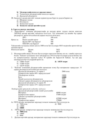 b) ¯éëäâýðëýëèéí íýìýãäýë çàðäëûí õÿíàëò
c) Òîîöîîëñîí ¿éëäâýðëýëèéí íýìýãäýë çàðäàë
d) Äóóñààã¿é ¿éëäâýðëýë
20. Çàõèàëãàò àæëûí ºðòãèéã òîîöîæ õóðèìòëóóëàí á¿ðòãýõ ¿íäñýí áàðèìò íü
a) Øààðäàõ õóóäàñ
b) Íýõýìæëýõ
c) Çàõèàëãûí õóóäàñ
d) Çàõèàëãàò àæëûí ºðòãèéí õóóäàñ
Б. Хэрэглээ шалгах даалгавар
1. “Хүрд-Оргил” компани үйлдвэрлэлийн үе шатаар өртөг тооцох систем ашиглан
ЭҮОЭҮД аргаар өртгийн тайлангаа бэлтгэдэг. Тус компаний 2-р цехийн 4-р сарын
үйлдвэрлэл, өртөгтэй холбоотой дараах мэдээлэл өгөгджээ.
ДҮС1 100 нэгж
Өртөг нь: Өмнөх цехийн өртөг 504
Цалин /60% иж бүрдэл/ 500
ҮНЗ /60% иж бүрдэл/ 400
Тайлангийн хугацаанд өмнөх цехээс 1000 нэгж бүтээгдэхүүн 4410 төгрөгийн өртөгтэйгээр
шилжин ирсэн.
Нэмэгдсэн өртөг: Цалин 5655
ҮНЗ 4875
2. Үйлдвэрлэлийн явцад 20 нэгж бүтээгдэхүүн хорогдсон бөгөөд энэ нь хэвийн хорогдол
болно. Тайлант хугацааны эцэст үйлдвэрлэлд 150 нэгж бүтээгдэхүүн үлдсэн бөгөөд энэ
нь хувиргалтынхаа зардлын хувьд 70 хувийн иж бүрдэлтэй байсан. 3-р цех рүү
шилжүүлсэн бүтээгдэхүүний өртөг нь:
a) 15066 төгрөг
b) 15300 төгрөг
c) 14229 төгрөг
d) 14535 төгрөг
3. “Õàíãàé” êîìïàíèé ¿éëäâýðëýëèéí ïðîöåññûí ýõýíä á¿õ ìàòåðèàëûã çàðöóóëäàã. 11
ñàðûí ¿éëäâýðëýëòýé õîëáîãäîõ ìýäýýëýë:
Äóóñààã¿é ¿éëäâýðëýë, 11 ñàðûí 1 2000 íýãæ
/õóâèðãàëòûí çàðäàë 60% çàðöóóëàãäñàí/
¯éëäâýðëýæ ýõýëñýí 10000
Á¿ãä 12000
Ýõíèé ¿ëäýãäëýýñ ¿éëäâýðëýñýí 2000
Òàéëàíò ñàðûí ¿éëäâýðëýëýýñ ¿éëäâýðëýñýí 6000
Äóóñààã¿é ¿éëäâýðëýë, 11 ñàðûí 30 4000
/õóâèðãàëòûí çàðäàë 25% çàðöóóëàãäñàí/
Á¿ãä 12000
¯éëäâýðëýëèéí ºðòºãòýé õîëáîãäîõ ìýäýýëýë:
Äóóñààã¿é ¿éëäâýðëýëèéí ýõíèé ¿ëäýãäëèéí:
Ìàòåðèàë 68000 òºãðºã
Õóâèðãàëòûí çàðäàë 57600 òºãðºã
Òàéëàíò õóãàöààíû ¿éëäâýðëýëèéí:
Ìàòåðèàë 432000 òºãðºã
Õóâèðãàëòûí çàðäàë 270000
À. FIFO àðãààð, ìàòåðèàëûí çàðäëààð òîîöсоí ýêèâàëåíò á¿òýýãäýõ¿¿í íü
a) 7800 íýãæ
b) 12000
c) 10000
d) 9000
4. FIFO àðãààð, õóâèðãàëòûí çàðäëààð òîîöñîí ýêèâèâàëåíò á¿òýýãäýõ¿¿í íü
a) 7800 íýãæ
b) 10000
c) 9000
d) 12000
5. Äóíäàæ ºðòãèéí àðãààð, ìàòåðèàëûí çàðäëààð òîîöñîí ýêâèâàëåíò á¿òýýãäýõ¿¿í íü
 