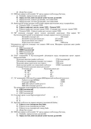 d) Äýýðõ á¿ãä õóäàë
13. ¯ÍÇ-ûí ãóðâàí õýëáýëçëèéí “À” àðãàä äàðààõ õýëáýëçë¿¿ä áàãòàíà.
a) Òºñâèéí, çàðöóóëàëòûí, ¿ð àøãèéí
b) Çàðöóóëàëòûí, àøèãëàãäààã¿é õ¿÷èí ÷àäëûí, ¿ð àøãèéí
c) Çàðöóóëàëòûí, õóâüñàõ ¿ð àøãèéí, òîî õýìæýýíèé
d) Çàðöóóëàëòûí, òîãòìîë ¿ð àøãèéí, òîî õýìæýýíèé
14. Àøèãëààã¿é õ¿÷èí ÷àäëûí õýëáýëçëèéã äàðààõ àðãà÷ëàëûí äàãóó òîäîðõîéëíî.
a) Òîîöñîí ¯ÍÇ – Ñòàíäàðò ¯ÍÇ
b) Ã¿éöýòãýëèéí öàãò íîãäîõ òºñºâò ¯ÍÇ – Òîîöñîí ¯ÍÇ
c) Ã¿éöýòãýëèéí öàãò íîãäîõ òºñºâò ¯ÍÇ – Ñòàíäàðò öàãò íîãäîõ òºñºâò ¯ÍÇ
d) Òîîöñîí ¯ÍÇ – Ã¿éöýòãýëèéí öàãò íîãäîõ òºñºâò ¯ÍÇ
15. “Ì” êîìïàíè ñòàíäàðò ºðòºã òîîöîõ ñèñòåìèéã àøèãëàäàã. 10-ð ñàðûí “Á”
á¿òýýãäýõ¿¿íèé ò¿¿õèé ýä ìàòåðèàëûí òàëààðõ äàðààõ ìýäýýëýë ºãºãäæýý.
Íýãæèéí ñòàíäàðò ¿íý 160 òºãðºã
Íýãæèéí õóäàëäàí àâñàí ¿íý 155 òºãðºã
Õóäàëäàí àâñàí òîî õýìæýý 2000 íýãæ
Õýðýãëýñýí òîî õýìæýý 1900 íýãæ
¯éëäâýрëýëä õýðýãëýõ ñòàíäàðò òîî õýìæýý 1800 íýãæ. Ìàòåðèàë õóäàëäàí àâàõ ¿íèéí
õýëáýëçýë õýä âý?
a) 9000 /òààëàìæã¿é/
b) 10000 /òààëàìæтай/
c) 9000 /òààëàìæòàé/
d) 10000 /òààëàìæã¿é/
16. “Óÿí” êîìïàíèéí Ò á¿òýýãäýõ¿¿íèéã ¿éëäâýðëýõ øóóä ìàòåðèàëûí ºðòºã äàðààõ
áàéäàëòàé áàéâ.
Õóäàëäàí àâàëòûí ¿íèéí õýëáýëçýë 5750 /òààëàìæã¿é/
¯éëäâýðëýëä çºâøººðñºí ñòàíäàðò òîî õýìæýý 2100 íýãæ
Õóäàëäàí àâñàí õýðýãëэñýí òîî õýìæýý 2300 íýãæ
Àøèãëàëòûí ¿åèéí òîî õýìæýýíèé õýëáýëçýë 12500 / òààëàìæã¿é/
Ñòàíäàðò áîëîí õóäàëäàí àâñàí ¿íý õýä âý?
Ñòàíäàðò ¿íý Õóäàëäàí àâñàí ¿íý
a) 62.5 65
b) 65 62.5
c) 62.5 60
d) 60 62.5
17. “À” êîìïàíèéí 1999 îíû 01-ð ñàðûí ØÕÇàðäàëòàé õîëáîîòîé ìýäýýëýë:
Ã¿éöýòãýëýýðõ ØÕÖàã 20000
Ñòàíäàðò ØÕÖàã 21000
ØÕ-èéí ã¿éöýòãýëèéí ¿íýëãýý 6.3
ØÕ-èéí ñòàíäàðò ¿íýëãýý 6.5
Òóñ êîìïàíèéí õºäºëìºðèéí á¿òýýмæèéí õýëáýëçýë:
a) 6300 /òààëàìæòàé/
b) 6500 /òààëàìæòàé/
c) 6300 /òààëàìæã¿é/
18. Стандарт өртөг хэдэн бүрэлдэхүүнтэй вэ?
a) 5
b) 3
c) 2
d) 4
19. Çàðäëûí õýëáýëçýë íü äàðààõ íºõöºëä òààëàìæòàé áàéíà.
a) Ã¿éöýòãýë íü ñòàíäàðòààñ áàãà áàéõ
b) Ã¿éöýòãýë íü ñòàíäàðòààñ èõ áàéõ
c) Ã¿éöýòãýë íü ñòàíäàðòòàé òýíö¿¿ áàéõ
d) Äýýðõ á¿ãä õóäàë
20. ¯ÍÇ-ûí ãóðâàí õýëáýëçëèéí “À” àðãàä äàðààõ õýëáýëçë¿¿ä áàãòàíà.
a) Òºñâèéí, çàðöóóëàëòûí, ¿ð àøãèéí
b) Çàðöóóëàëòûí, àøèãëàãäààã¿é õ¿÷èí ÷àäëûí, ¿ð àøãèéí
 