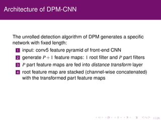 11/26
Architecture of DPM-CNN
The unrolled detection algorithm of DPM generates a speciﬁc
network with ﬁxed length:
1 input: conv5 feature pyramid of front-end CNN
2 generate P+1 feature maps: 1 root ﬁlter and P part ﬁlters
3 P part feature maps are fed into distance transform layer
4 root feature map are stacked (channel-wise concatenated)
with the transformed part feature maps
 