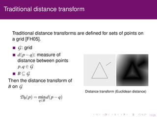 13/26
Traditional distance transform
Traditional distance transforms are deﬁned for sets of points on
a grid [FH05].
G: grid
d(p−q): measure of
distance between points
p,q ∈ G
B ⊆ G
Then the distance transform of
B on G
DB(p) = min
q∈B
d(p−q)
Distance transform (Euclidean distance)
 