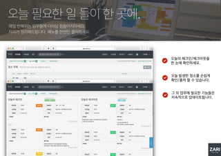 매일 반복되는 업무들에 더이상 힘들이지마세요.
자리가 정리해드립니다. 메뉴를 한번만 클릭하세요.
오늘 필요한 일 들이 한 곳에.
오늘의 체크인/체크아웃을
한 눈에 확인하세요.
오늘 발생한 청소를 손쉽게
확인/출력 할 수 있습니다.
그 외 업무에 필요한 기능들은
지속적으로 업데이트됩니다.
 