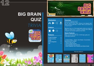 www.zariba.com |
BIGBRAIN
QUIZ
TRIVIA
Overview
WelcometoBigBrainQuiz!
Doyouwanttoknowmore?Whereisthedeepestlake?
Whichanimalshibernateinwinter?Whoisthedirectorof
“ForestGump”?
BigBigBrainQuizisaTrivia-basedgamewhereyouhavethe
abilitytochoosefrom anumberofquizzesfrom different
categoriesandanswerquestionsfromthem.
GameFeatures
Warmupyourbrainwithover10000high-qualityand
challengingquestions!
-5GameModes–Classic,QuizMaster,Concentration,
BackwardsandTimeless
-Hintstohelpyouout
-Colorfulgraphicthemes
-FullyaccessiblewithVoiceOver
-SocialIntegrationwithFacebookandGameCenter-SocialIntegrationwithFacebookandGameCenter
http://goo.gl/fdq31A
 