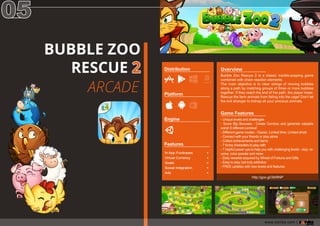 BUBBLEZOO
RESCUE2
ARCADE
Overview
BubbleZooRescue2isaclassicmarble-poppinggame
combinedwithchainreactionelements.
Themainobjectiveistoclearstringsofmovingbubbles
alongapathbymatchinggroupsofthreeormorebubbles
together.Iftheyreachtheendofthepath,theplayerloses.
Rescuethefarmanimalsfromfallingintothecage!Don’tlet
theevilstrangertokidnapallyourpreciousanimals.
GameFeatures
-Uniquelevelsandchallenges
-ScoreBigBonuses-CreateCombosandgeneratevaluable
coins!5differentcombos!
-Differentgamemodes-Classic,Limitedtime,Limitedshots
-Connectwithyourfriendsorplayalone
-Collectachievementsanditems
-7funnycharacterstoplaywith-7funnycharacterstoplaywith
-7helpfulpowerupstohelpyouwithchallenginglevels-stop,re-
verse,colorpowderandmore
-DailyrewardsacquiredbyWheelofFortuneandGifts
-Easytoplay,buttrulyaddictive
-FREEupdateswithnewlevelsandfeatures.
http://goo.gl/3IbRNP
www.zariba.com |
 