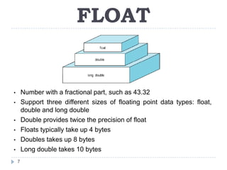 FLOAT


•       Number with a fractional part, such as 43.32
•       Support three different sizes of floating point data types: float,
        double and long double
•       Double provides twice the precision of float
•       Floats typically take up 4 bytes
•       Doubles takes up 8 bytes
•       Long double takes 10 bytes
    7
 