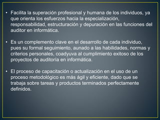 • Facilita la superación profesional y humana de los individuos, ya 
que orienta los esfuerzos hacia la especialización, 
responsabilidad, estructuración y depuración en las funciones del 
auditor en informática. 
• Es un complemento clave en el desarrollo de cada individuo, 
pues su formal seguimiento, aunado a las habilidades, normas y 
criterios personales, coadyuva al cumplimiento exitoso de los 
proyectos de auditoría en informática. 
• El proceso de capacitación o actualización en el uso de un 
proceso metodológico es más ágil y eficiente, dado que se 
trabaja sobre tareas y productos terminados perfectamente 
definidos. 
 