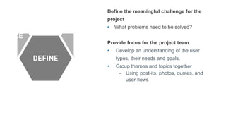 Define the meaningful challenge for the
project
• What problems need to be solved?
Provide focus for the project team
• Develop an understanding of the user
types, their needs and goals.
• Group themes and topics together
– Using post-its, photos, quotes, and
user-flows
 