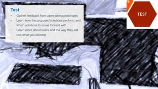 Test
• Gather feedback from users using prototypes
• Learn how the proposed solutions perform, and
which solutions to move forward with
• Learn more about users and the way they will
use what you develop
 