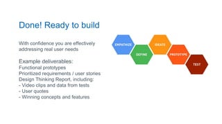 Done! Ready to build
With confidence you are effectively
addressing real user needs
Example deliverables:
Functional prototypes
Prioritized requirements / user stories
Design Thinking Report, including:
- Video clips and data from tests
- User quotes
- Winning concepts and features
 