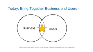 7
Today: Bring Together Business and Users
Business Users
Design thinking useful just for more people than just those with the title “Designer.”
 