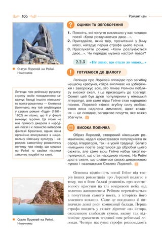106 Романтизм
1. Поясніть, які почуття викликало у вас читання
поезії «Коли розлучаються двоє…».
2. Пригадайте, який твір, прочитаний у 8-му
класі, нагадує перша строфа цього вірша.
3. Прослухайте романс «Коли розлучаються
двоє...». Чи передає музика настрій поезії?
2.2.5 «Не знаю, що стало зо мною…»
Легенда про Лорелей оповідає про загиблу
нещасну красуню, котра випливає на узбереж-
жя і заворожує всіх, хто пливе Рейном побли-
зу високої скелі, і це призводить до трагедії.
Сюжет цей був дуже популярним у німецькій
літературі, але саме вірш Гейне став народною
піснею. Лорелей втілює згубну силу любові,
якою вона наділена мимоволі, адже кохан-
ня — це складне, загадкове почуття, яке важко
збагнути.
Образ Лорелей, створений німецьким ро-
мантиком, надалі користувався популярністю як
серед літераторів, так і в усній традиції. Багато
німецьких поетів зверталося до обробки цього
сюжету, але саме вірш Гейне набув такої по-
пулярності, що став народною піснею. На Рейні
досі є скеля, що славиться своєю дивовижною
луною і називається Скелею Лорелей.
Основна відмінність поезії Гейне від тво-
рів інших романтиків про Лорелей полягає в
тому, що в його баладі розповідь про золото-
волосу красуню на тлі вечірнього неба над
велично живописним Рейном переплітається
з почуттями самого поета, з історією його
власного кохання. Саме це поєднання й ви-
значило деякі риси композиції балади. Перша
строфа вводить у сюжет ліричне «я» автора,
охопленого глибоким сумом, якому так від-
повідає драматизм згаданої ним рейнської ле-
генди. Чотири наступні строфи розповідають
ОЦІНКИ ТА ОБГОВОРЕННЯ
Статуя Лорелей на Рейні.
Німеччина
Легенда про рейнську русалку-
сирену своїм походженням за-
вдячує баладі іншого німецько-
го поета-романтика — Клеменса
Брентано, яку той опублікував
у своєму романі «Годві» (1801–
1802) як пісню, що її у фіналі
виконує героїня. Ця пісня не
має прямого джерела в народ-
ній поезії і є повністю витвором
фантазії Брентано, однак вона
органічно вписувалася в націо-
нальну німецьку культуру і на-
родила самостійну романтичну
легенду про німфу, що мешкає
на Рейні та своїми піснями
заманює кораблі на скелі.
Скеля Лорелей на Рейні.
Німеччина
ГОТУЄМОСЯ ДО ДІАЛОГУ
ВИСОКА ПОЛИЧКА
 
