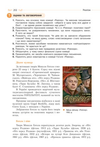 212 Реалізм
1. Поясніть, яка основна тема комедії «Ревізор». Чи виконав письменник
поставлене перед собою завдання: «зібрати в одну купу все дурне в
Росії... і за одним разом посміятися над усім»?
2. Схарактеризуйте персонажів комедії. Чи є в «Ревізорі» позитивні герої?
3. Простежте, чи усвідомлюють чиновники, що вони порушують закон.
З чого це видно?
4. Розкажіть, хто такий Хлестаков. Чи діяв він за завчасно обдуманим
планом? Чому, на вашу думку, слово «хлестаковщина» стало загальним
і що воно характеризує?
5. Розгляньте, якими засобами чиновники намагаються «нейтралізувати»
ревізора. Чи вдається їм це?
6. Поясніть, чи здається вам правдивою розв’язка «Ревізора».
7. Обґрунтуйте, у чому смисл фінальної сцени комедії.
8. Проаналізуйте, які засоби комічного використовує письменник.
9. Перелічіть риси новаторства в комедії Гоголя «Ревізор».
Діалог культур
За мотивами творів Миколи Гоголя ство-
рено 25 опер і 4 балети. Серед них відомі
оперні спектаклі «Сорочинський ярмарок»
М. Мусоргського, «Черевички» П. Чайков-
ського, «Майська ніч», «Ніч перед Різдвом»
М. Римського-Корсакова, «Ніс» Д. Шостако-
вича, «Тарас Бульба» М. Лисенка, а також
балет Є. Станковича «Ніч перед Різдвом».
В Україні проводиться щорічний муль-
тидисциплінарний фестиваль сучасного
мистецтва ГОГОЛЬFEST, названий на честь
письменника.
Прізвище письменника відбилося в назві
музичної групи Gogol Bordello, лідер якої,
Євген Гудзь, є вихідцем з України.
Зображення Гоголя та героїв його творів
можна зустріти на поштових марках і мо-
нетах.
Гоголь і кіно
Твори Миколи Гоголя екранізували десятки разів. Зокрема, це «Ніч
перед Різдвом» (фільм, 1913 р.), «Тарас Бульба» (фільм, 1936 р.),
«Ніч перед Різдвом» (мультфільм, 1951 р.), «Травнева ніч, або Утоп-
лена» (фільм, 1952 р.), «Вечори на хуторі біля Диканьки» (фільм,
1961 р.), «Вій» (фільм, 1967 р.), «Пропала грамота» (фільм, 1972 р.),
ОЦІНКИ ТА ОБГОВОРЕННЯ
Афіша фільму «Ревізор».
1982 р.
 