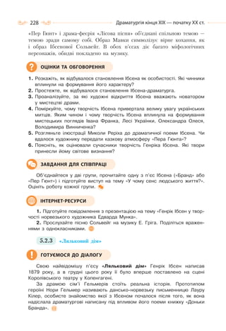 228 Драматургія кінця ХІХ — початку ХХ ст.
«Пер Гюнт» і драма-феєрія «Лісова пісня» об’єднані спільною темою —
темою зради самому собі. Образ Мавки символізує вірне кохання, як
і образ Ібсенової Сольвейг. В обох п’єсах діє багато міфологічних
персонажів, обидві покладено на музику.
1. Розкажіть, як відбувалося становлення Ібсена як особистості. Які чинники
вплинули на формування його характеру?
2. Простежте, як відбувалося становлення Ібсена-драматурга.
3. Проаналізуйте, за які художні відкриття Ібсена вважають новатором
у мистецтві драми.
4. Поміркуйте, чому творчість Ібсена привертала велику увагу українських
митців. Яким чином і чому творчість Ібсена вплинула на формування
мистецьких поглядів Івана Франка, Лесі Українки, Олександра Олеся,
Володимира Винниченка?
5. Розгляньте ілюстрації Миколи Реріха до драматичної поеми Ібсена. Чи
вдалося художнику передати казкову атмосферу «Пера Гюнта»?
6. Поясніть, як оцінювали сучасники творчість Генріка Ібсена. Які твори
принесли йому світове визнання?
Об’єднайтеся у дві групи, прочитайте одну з п’єс Ібсена («Бранд» або
«Пер Гюнт») і підготуйте виступ на тему «У чому сенс людського життя?».
Оцініть роботу кожної групи.
1. Підготуйте повідомлення з презентацією на тему «Генрік Ібсен у твор-
чості норвезького художника Едварда Мунка».
2. Прослухайте пісню Сольвейг на музику Е. Гріга. Поділіться вражен-
нями з однокласниками.
5.2.3 «Ляльковий дім»
Свою найвідомішу п’єсу «Ляльковий дім» Генрік Ібсен написав
1879 року, а в грудні цього року її було вперше поставлено на сцені
Королівського театру у Копенгагені.
За драмою сім’ї Гельмерів стоїть реальна історія. Прототипом
героїні Нори Гельмер називають дансько-норвезьку письменницю Лауру
Кілер, особисте знайомство якої з Ібсеном почалося після того, як вона
надіслала драматургові написану під впливом його поеми книжку «Доньки
Бранда».
ОЦІНКИ ТА ОБГОВОРЕННЯ
ЗАВДАННЯ ДЛЯ СПІВПРАЦІ
ІНТЕРНЕТ-РЕСУРСИ
ГОТУЄМОСЯ ДО ДІАЛОГУ
 