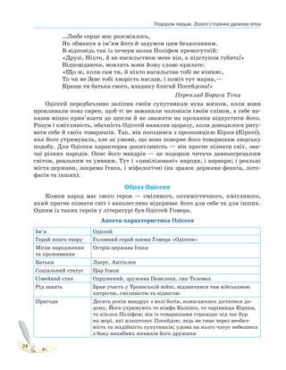 Подорож перша. Золоті сторінки далеких епох
24
…Любе серце моє розсміялось,
Як обманув я ім’ям його й задумом цим бездоганним.
В відповідь так із печери волав Поліфем премогутній:
«Друзі, Ніхто, й не насильством мене він, а підступом губить!»
Відповідаючи, мовлять вони йому слово крилате:
«Що ж, коли сам ти, й ніхто насильства тобі не вчиняє,
То чи не Зевс тобі хворість наслав, і поміч тут марна,—
Краще ти батька свого, владику благай Посейдона!»
Переклад Бориса Тена
Одіссей передбачливо заліпив своїм супутникам вуха воском, коли вони
пропливали повз сирен, щоб ті не заманили чоловіків своїм співом, а себе на-
казав міцно прив’язати до щогли й не зважати на прохання відпустити його.
Розум і кмітливість, обачність Одіссей виявляв щоразу, коли доводилося ряту-
вати себе й своїх товаришів. Так, він погодився з пропозицією Кірки (Кіркеї),
яка його утримувала, але за умови, що вона поверне його товаришам людську
подобу. Для Одіссея характерна допитливість — він прагне пізнати світ, зви-
чаї різних народів. Опис його мандрів — це подорож читача давньогрецьким
світом, реальним та уявним. Тут і «цивілізовані» народи, і варвари; і реальні
міста-держави, зокрема Ітака, і міфологічні (на зразок держави феаків, лото-
фагів та інших).
Образ Одіссея
Кожен народ має свого героя — сміливого, оптимістичного, кмітливого,
який прагне пізнати світ і наполегливо відкриває його для себе та для інших.
Одним із таких героїв у літературі був Одіссей Гомера.
Анкета-характеристика Одіссея
Ім’я Одіссей
Герой якого твору Головний герой поеми Гомера «Одіссея»
Місце народження
та проживання
Острів-держава Ітака
Батьки Лаерт, Антіклея
Соціальний статус Цар Ітаки
Сімейний стан Одружений, дружина Пенелопа, син Телемах
Рід занять Брав участь у Троянській війні, відзначився там військовою
хитрістю, сміливістю та відвагою
Пригоди Десять років мандрує з волі богів, намагаючись дістатися до-
дому. Його утримують то німфа Каліпсо, то чарівниця Кіркея,
то кіклоп Поліфем; він із товаришами страждає під час бур
на морі, які влаштовує Посейдон; ледь не гине через необач-
ність та жадібність супутників; удома на нього чатує небезпека
з боку нахабних женихів його дружини
 